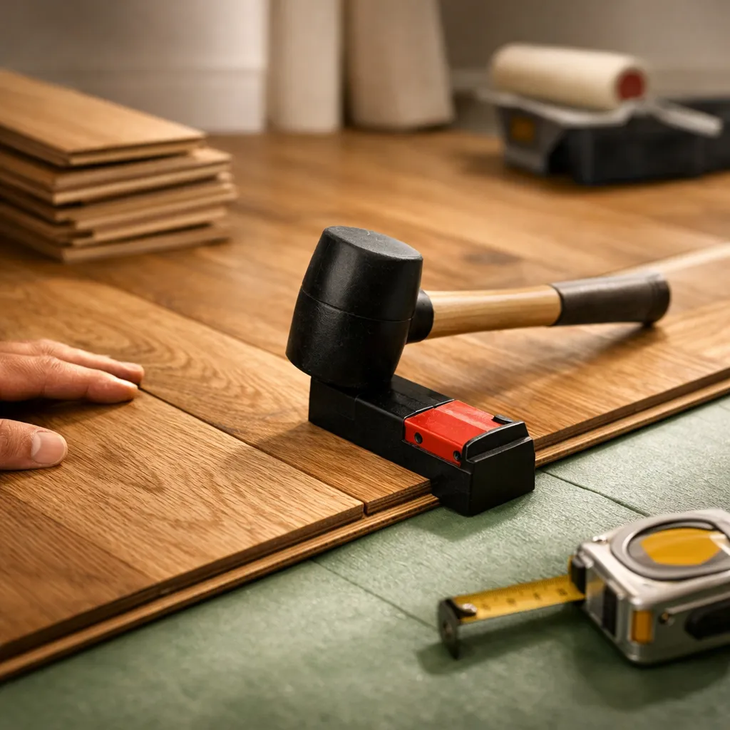 Pose de parquet en bois dans une pièce rénovée à Illtal